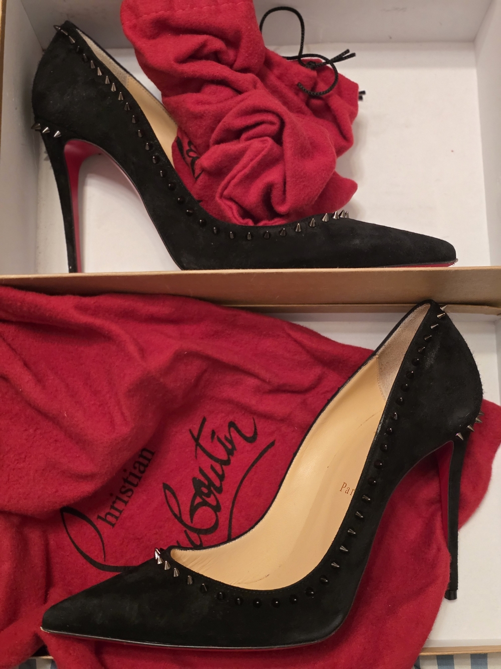 Christian Louboutin Black Suede Anjalina 100 Spike Pointed-Toe Pumps
